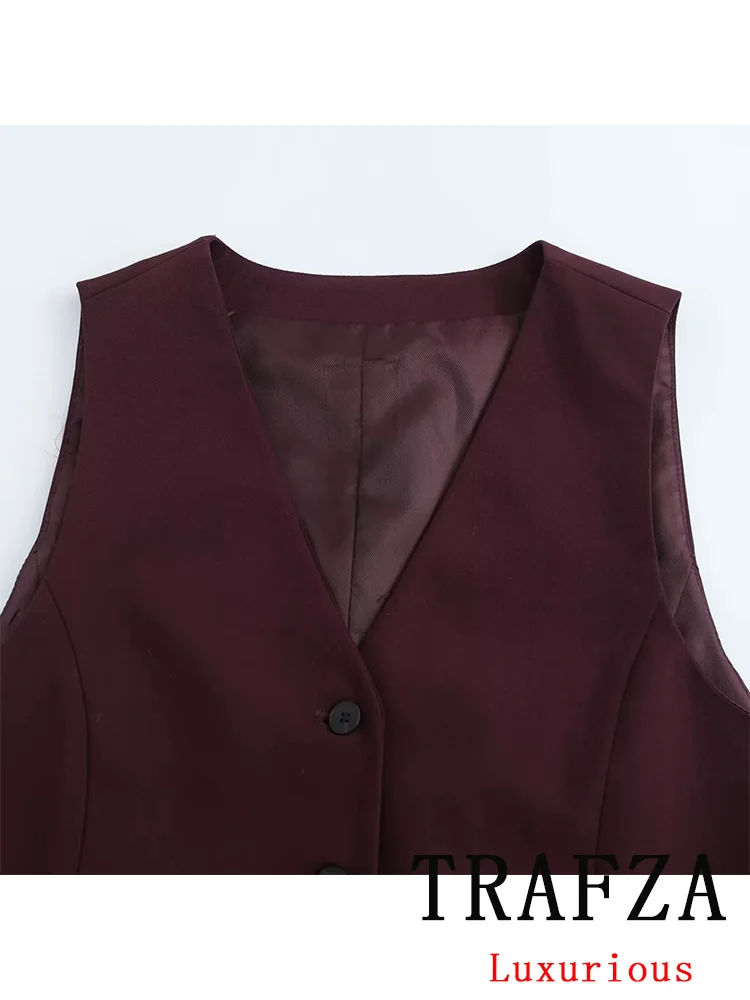 TRAFZA Vintage Office Lady Red Solid Suit V-Neck Single Breasted Sleeveless Vest Straight Loose Pants Fashion 2024 Autumn Sets