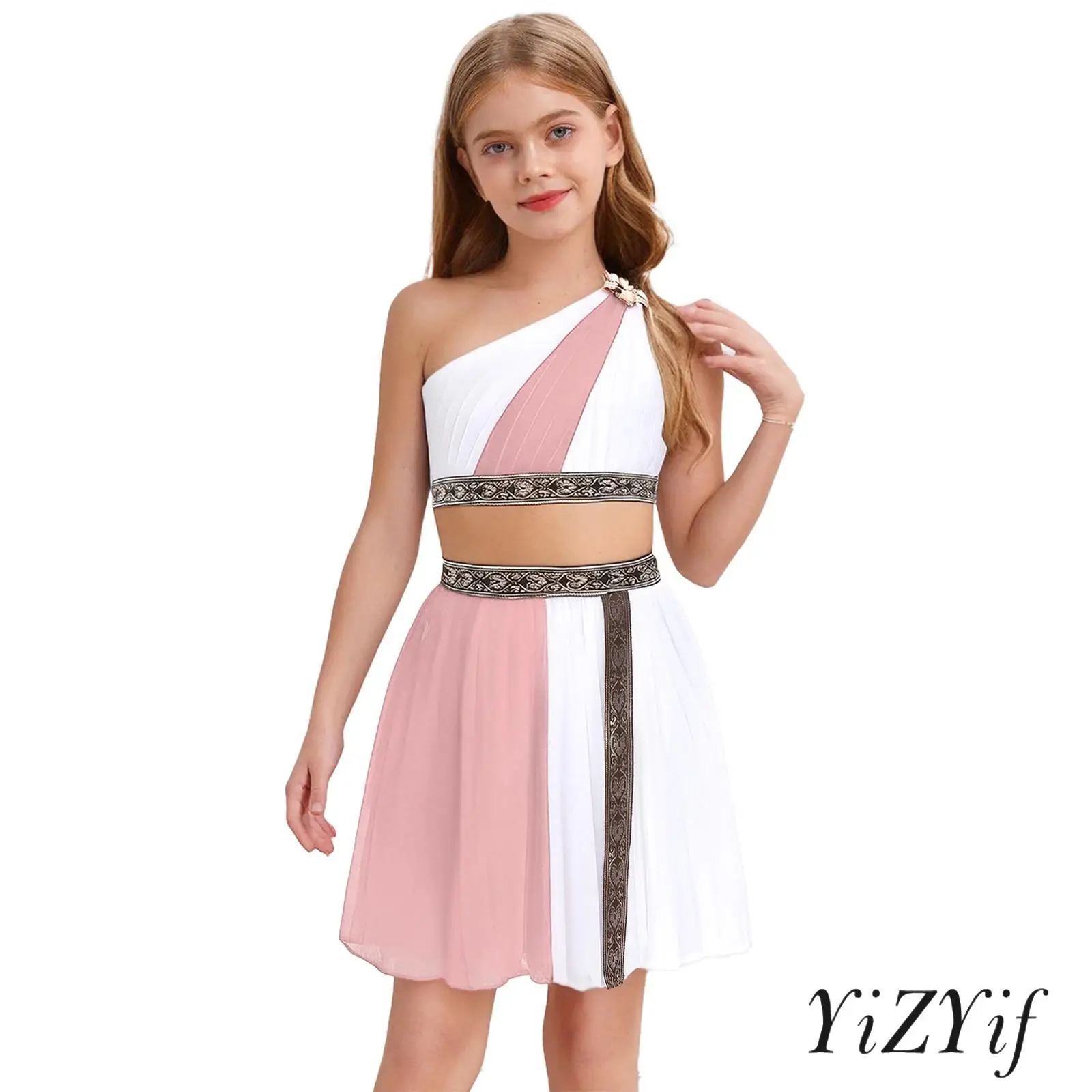 

Girl Roman Greek Costume One Shoulder Sleeveless Metal Flower Crop Top with Embroidered Pleated Skirt for Themed Party Halloween