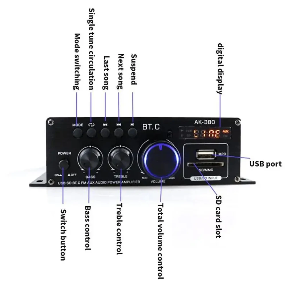 AK380 Power Amplifier 800W Stereo Sound Amplifier Channel 2.0 HIFI Bluetooth Amp Home Digital Audio 12V 3A for Car Bass Trebl