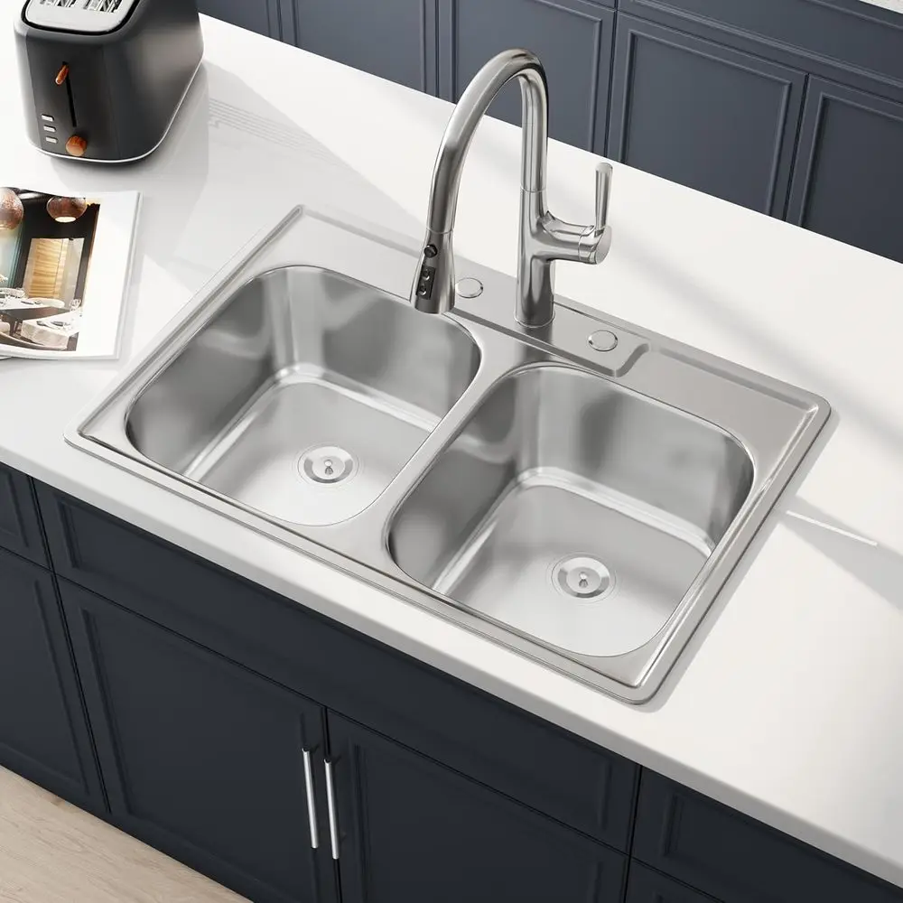 33x22 Drop In Double Bowl 33 Inch 50/50 Topmount Kitchen Sink 304 Stainless Steel, 18 Gauge Thick, Three Holes with Cover, U Cha