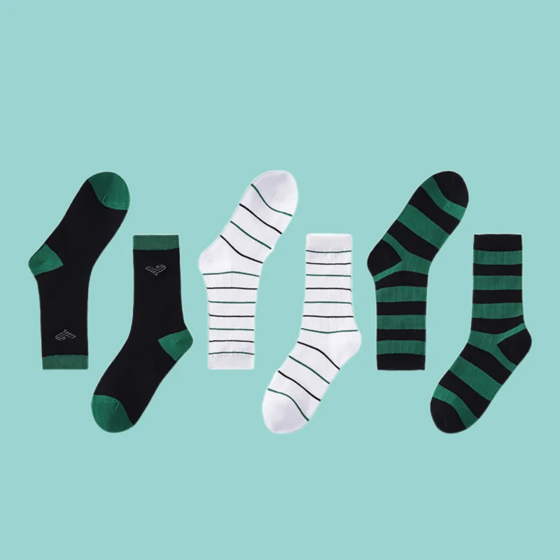 3/6 Pairs Fashion Men's Socks Green Striped Socks Mid-tube Socks Trend Summer Street Hip-hop Sports Personality Skateboard Socks