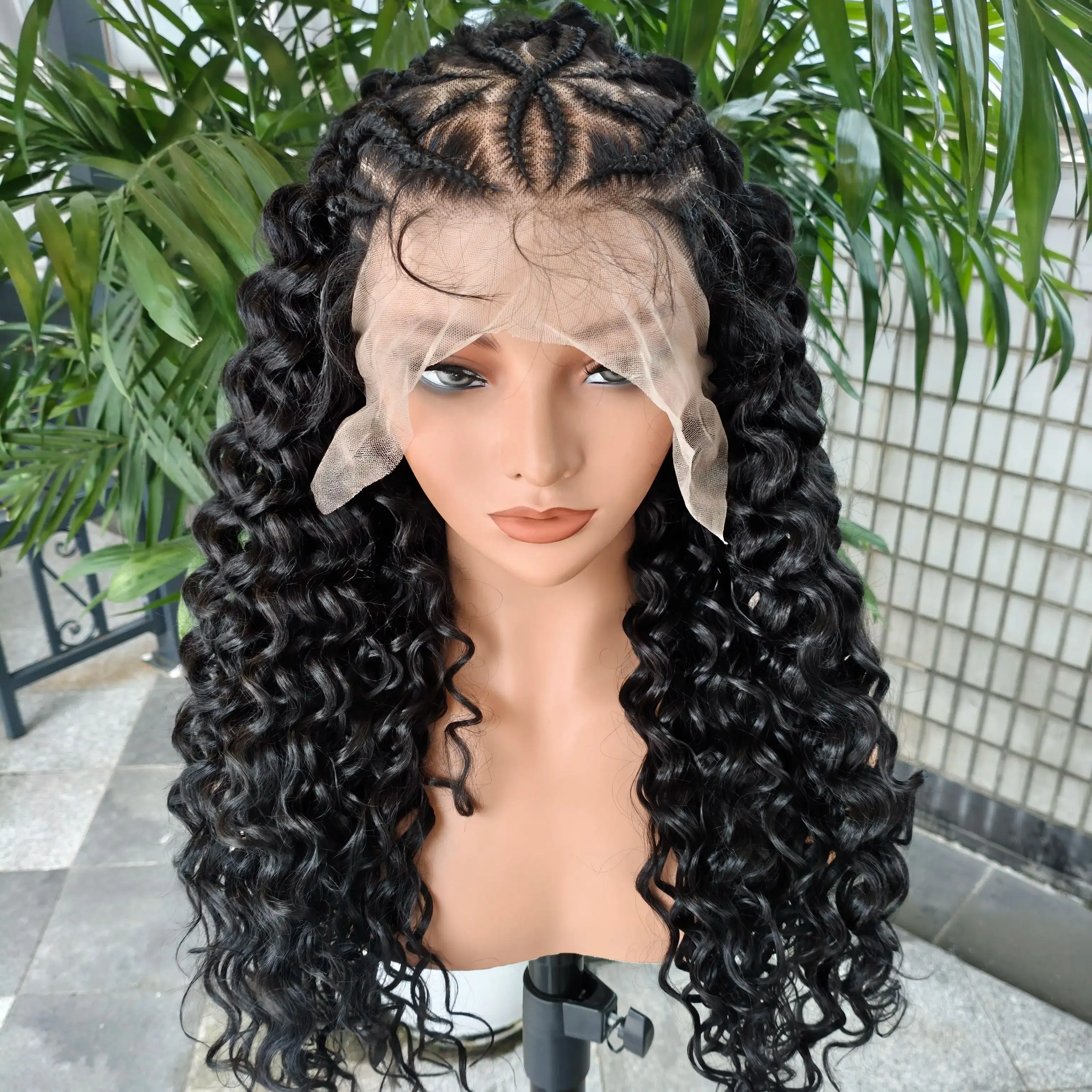 Wig Rambut Kepang Deep Wave Full Lace dengan Baby Hair untuk Wanita, Wig Rambut Sintetis Half Cornrow, Wig Kepang Pre-Styled