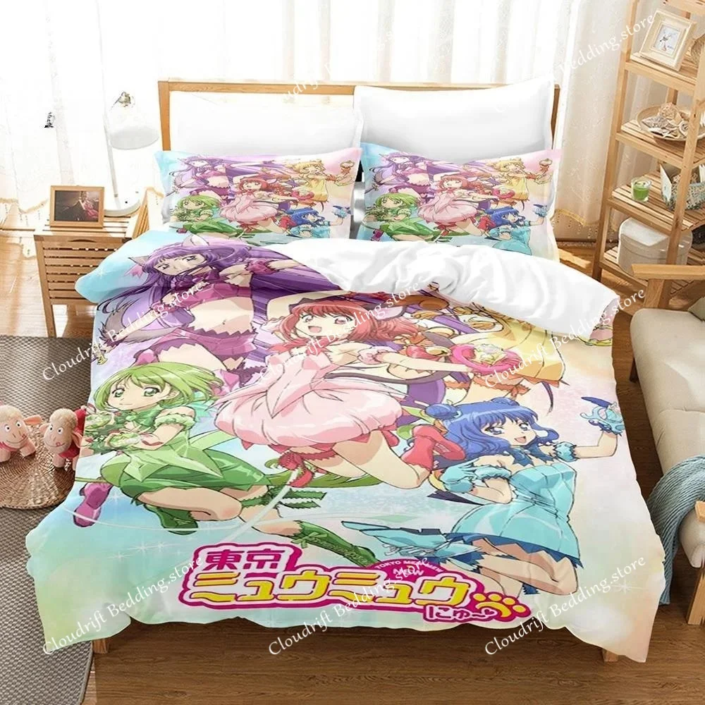 

3D Print Anime Kawaii Girls Tokyo Mew Mew Bedding Set Single Twin Full Queen King Size Bed Set Adult Kid Bedroom Duvetcover Sets