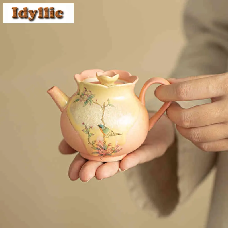 

170ml Kiln Fambe Crystal Glaze Flower And Bird Teapot Aesthetic Tea Infuser Pot Tea Maker Kettle With Ball Hole Cha Collection