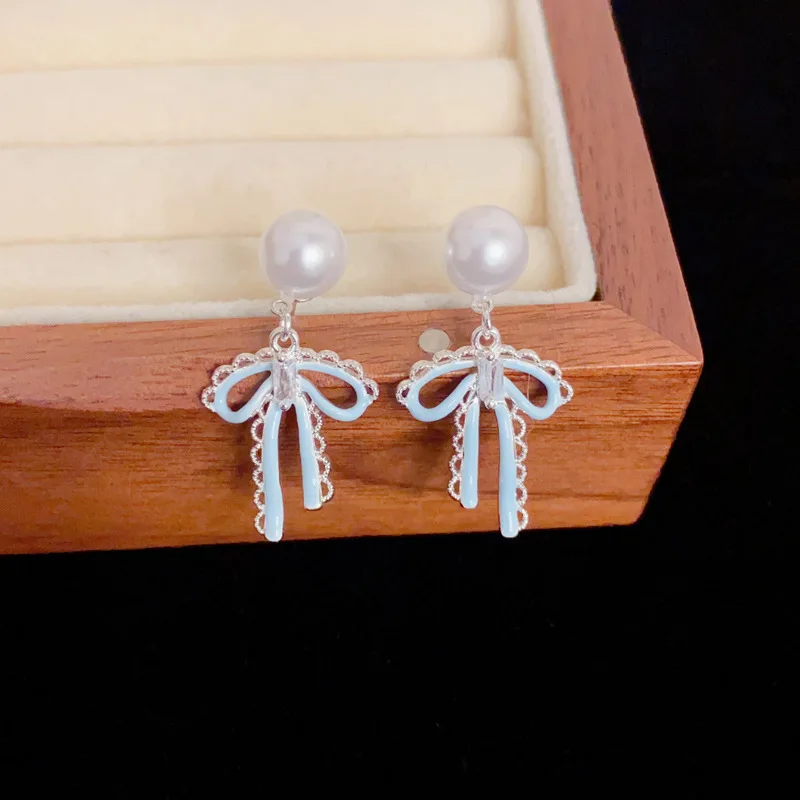 French Elegant Retro Pearl Lace Ribbon Glazed Bowknot Pendant Stud Earrings For Women Party Light Luxury Fashion Jewelry
