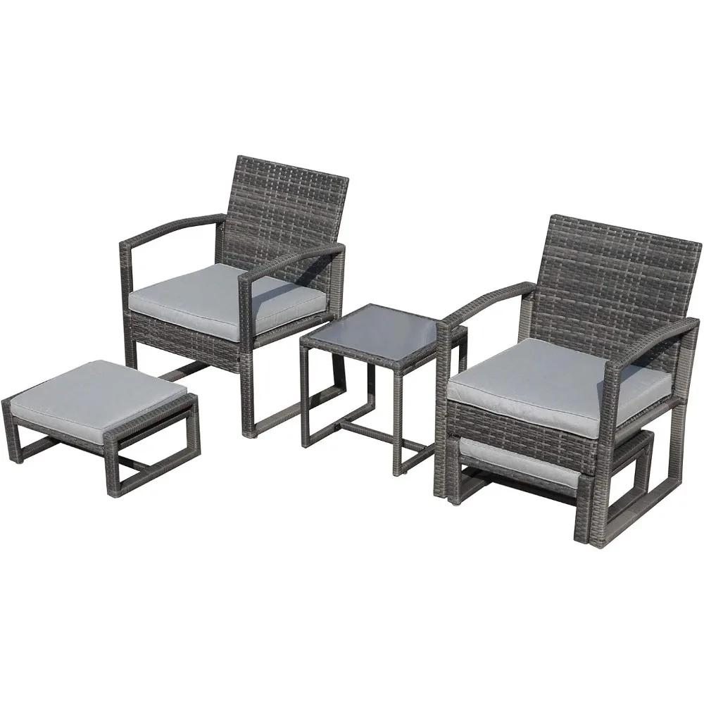 

5 Piece Outdoor Patio Wicker Furniture Set, All Weather PE Rattan Chair and Ottoman Footstool Set, W/Coffee Table, Cushions