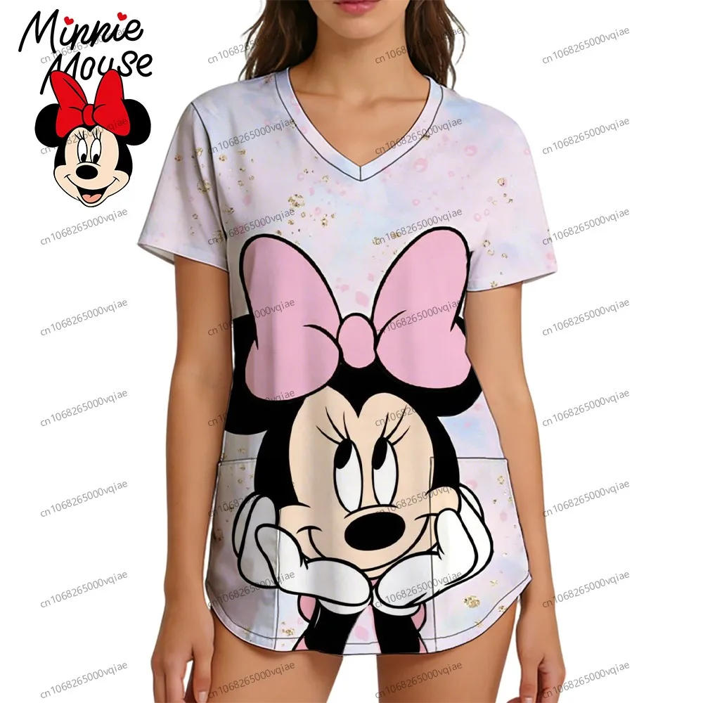 

2026 Summer New Disney Minnie Mouse T-shirt Anime Women's Nurse Uniform T-shirts Woman Clothes V Neck Cool Fashion Y2k S-2XL
