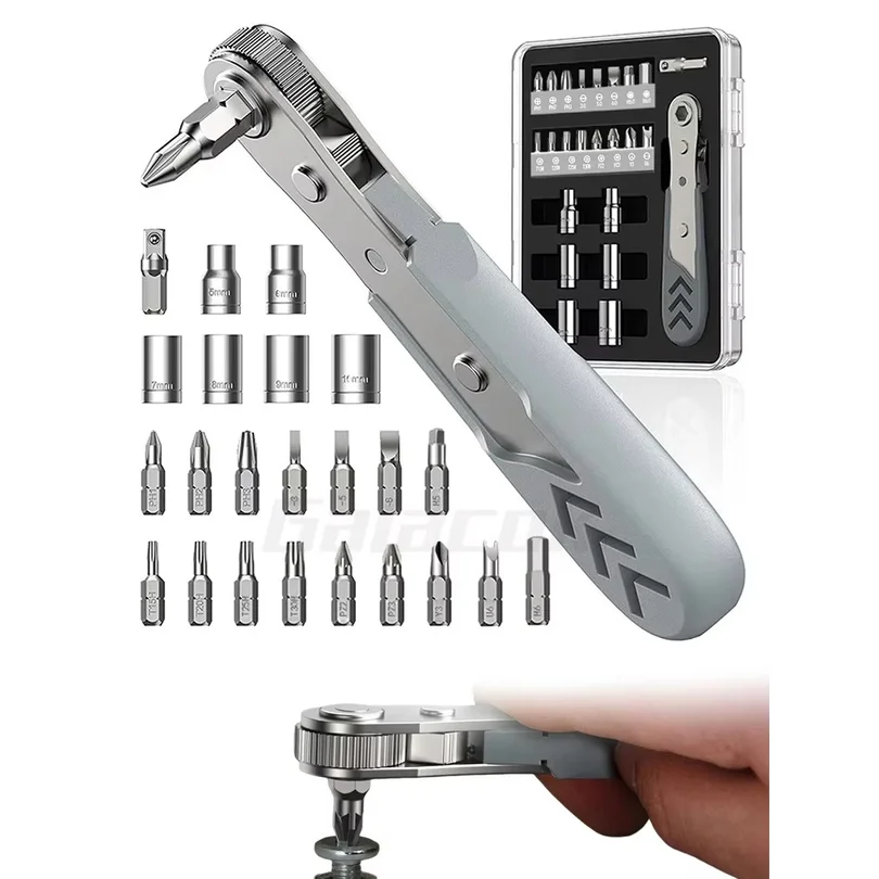 24 in 1 Right Angle Ratcheting Screwdriver Set 36-Tooth Mini Ratchet Socket Sleeve Wrench Set Car Repair Tool Hand Tools Key Set