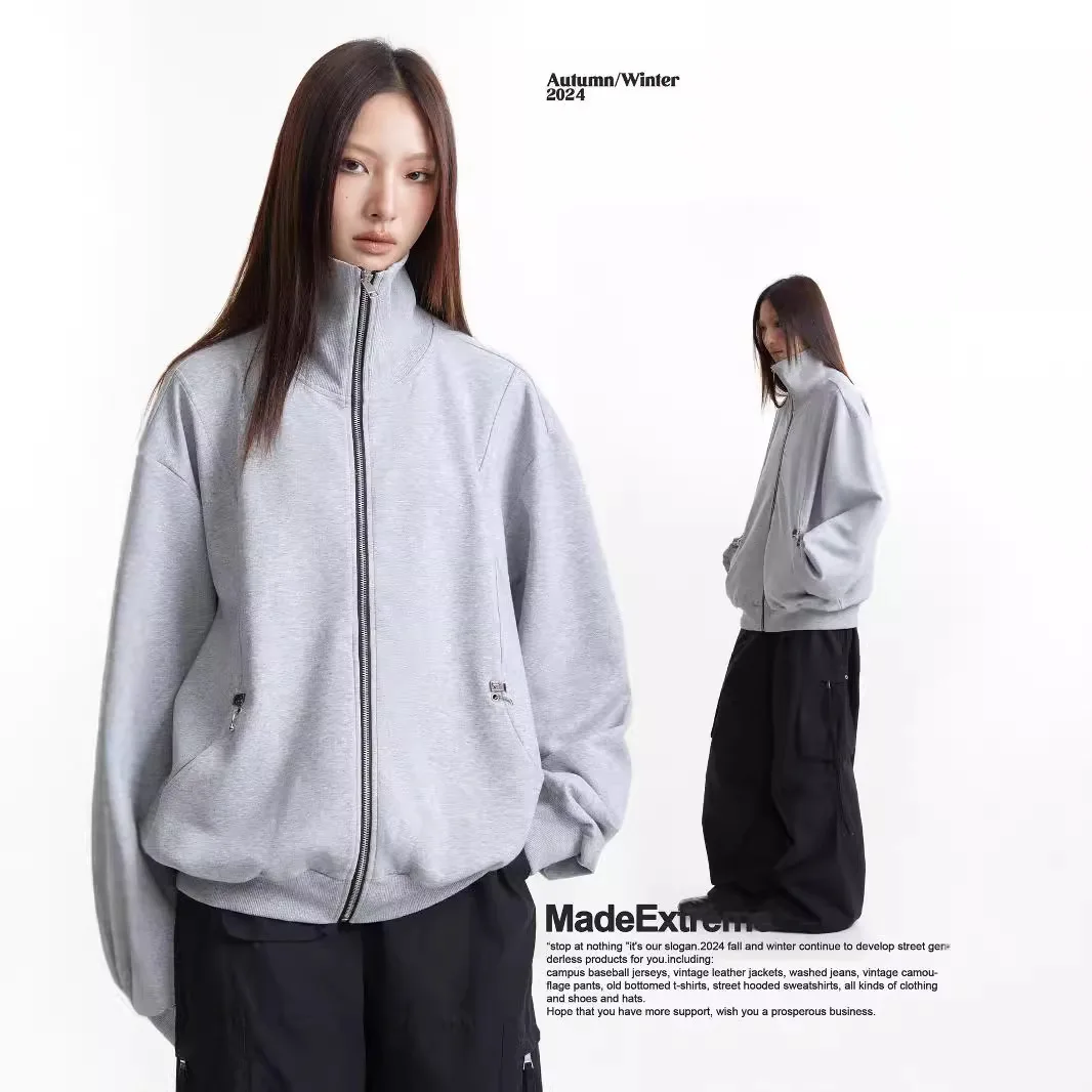 

Women Cardigan Sweatshirts Men's Liquid Cotton Stand Collar Sweatshirt Jacket Casual Cleanfit Silhouette Retro Style