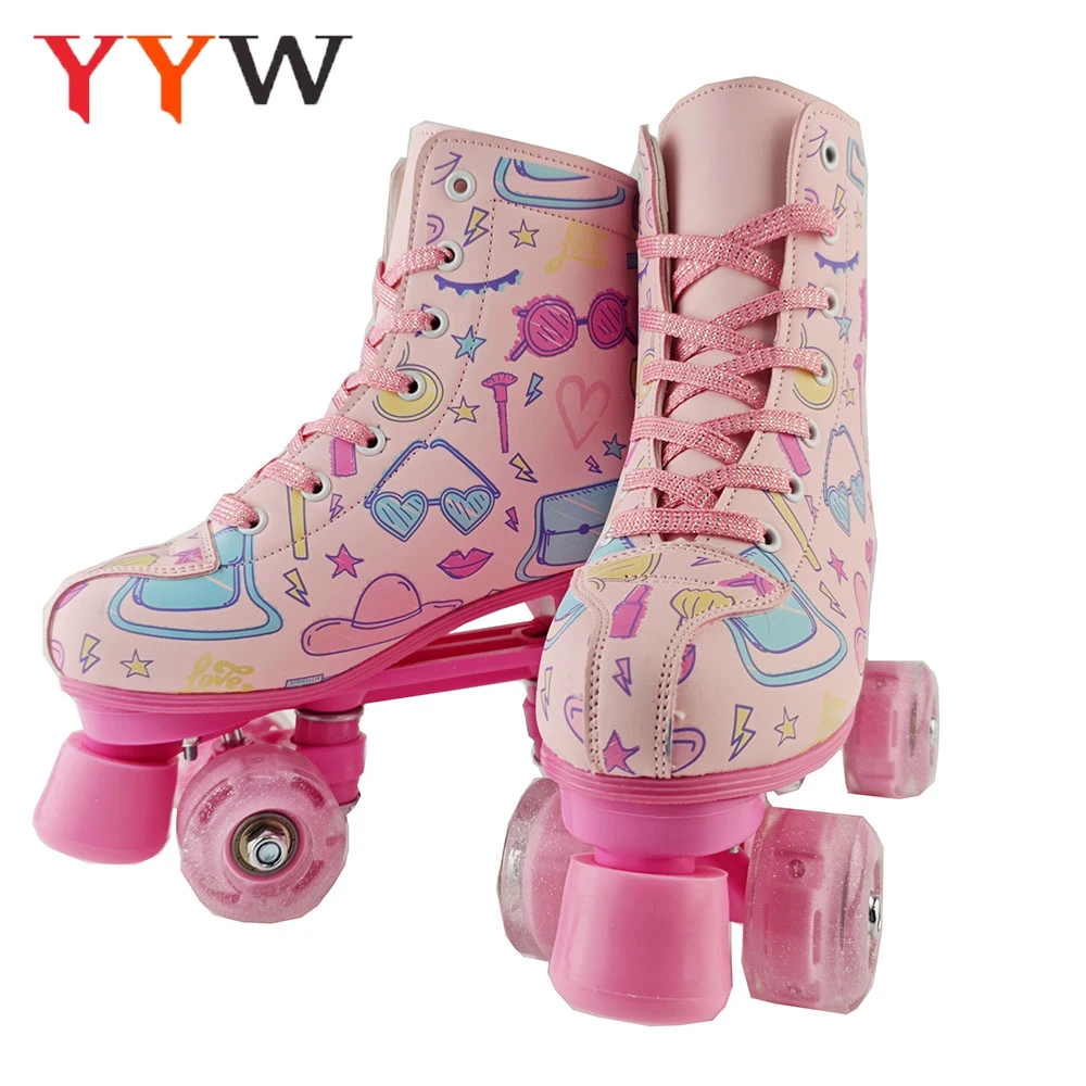 PU Leather Roller Skates Skating Shoes for Kids Girls Outdoor Skating Shoes Quad Skates Sneakers Beginner Roller Skating Shoes