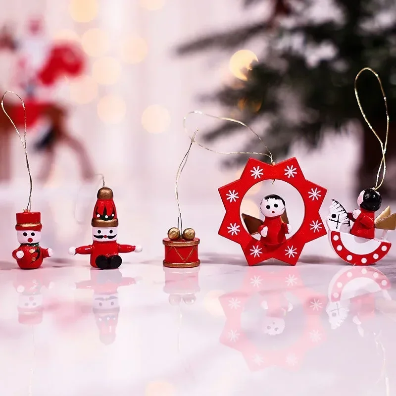 Christmas Train and Image Ornaments Tree Set Hanging Wooden Miniature Decorations Pendant Wood Head Mini Ornament Decor Toys