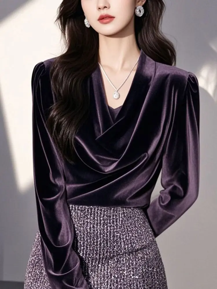 Fashion High-end Sense Light Luxury Purple Swing Neck Shirt Women's Super Good-looking Cold Foreign-style Shirt