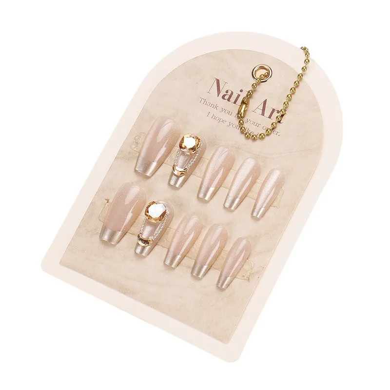 

Handmade Nail Advanced Cat's Eye French Nail Art Patch Rhinestone Pearl False Nail Patch