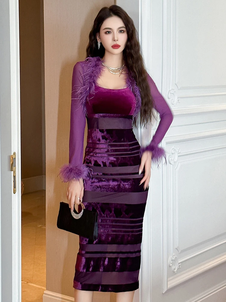 

Chic Women's Fashion Retro Prom Dress Velvet Sheer Mesh Splice Fur Collar Fake 2 Piece Purple Robe Femme Cocktail Party Vestidos