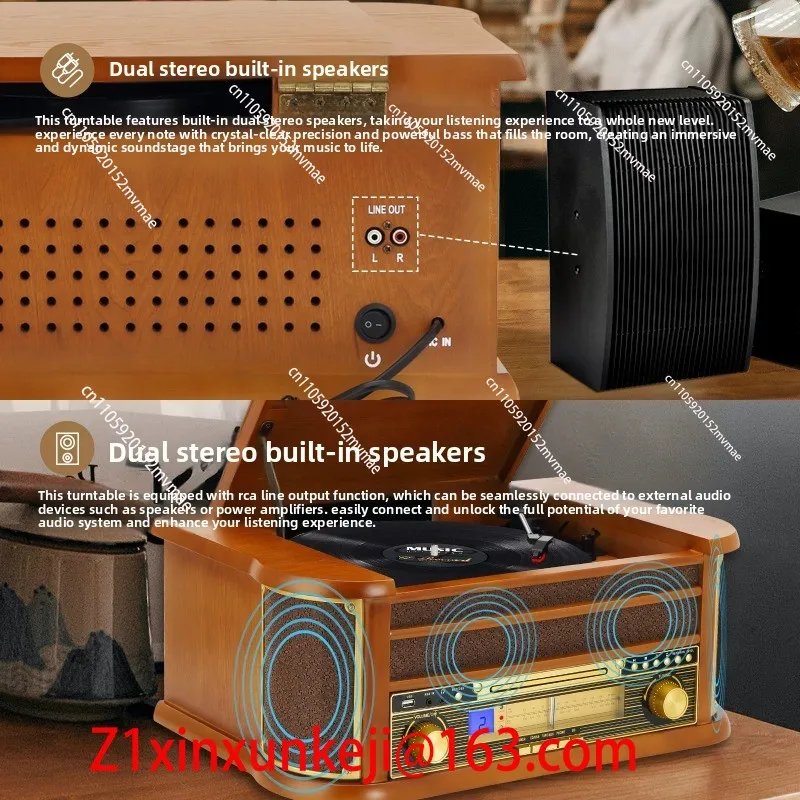 Vinyl Record Player Vintage Turntable Bluetooth-compatible CD&Cassette Player Speaker AM/FM Radio USB Recorder