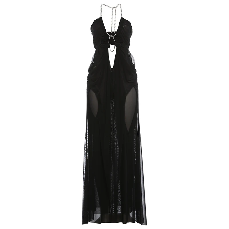 Nibber Prom Party Jurk Vrouw Sexy See Through Luxe Ketting Halter Lage Hals Backless Mouwloos Middernacht Elegante vestidos