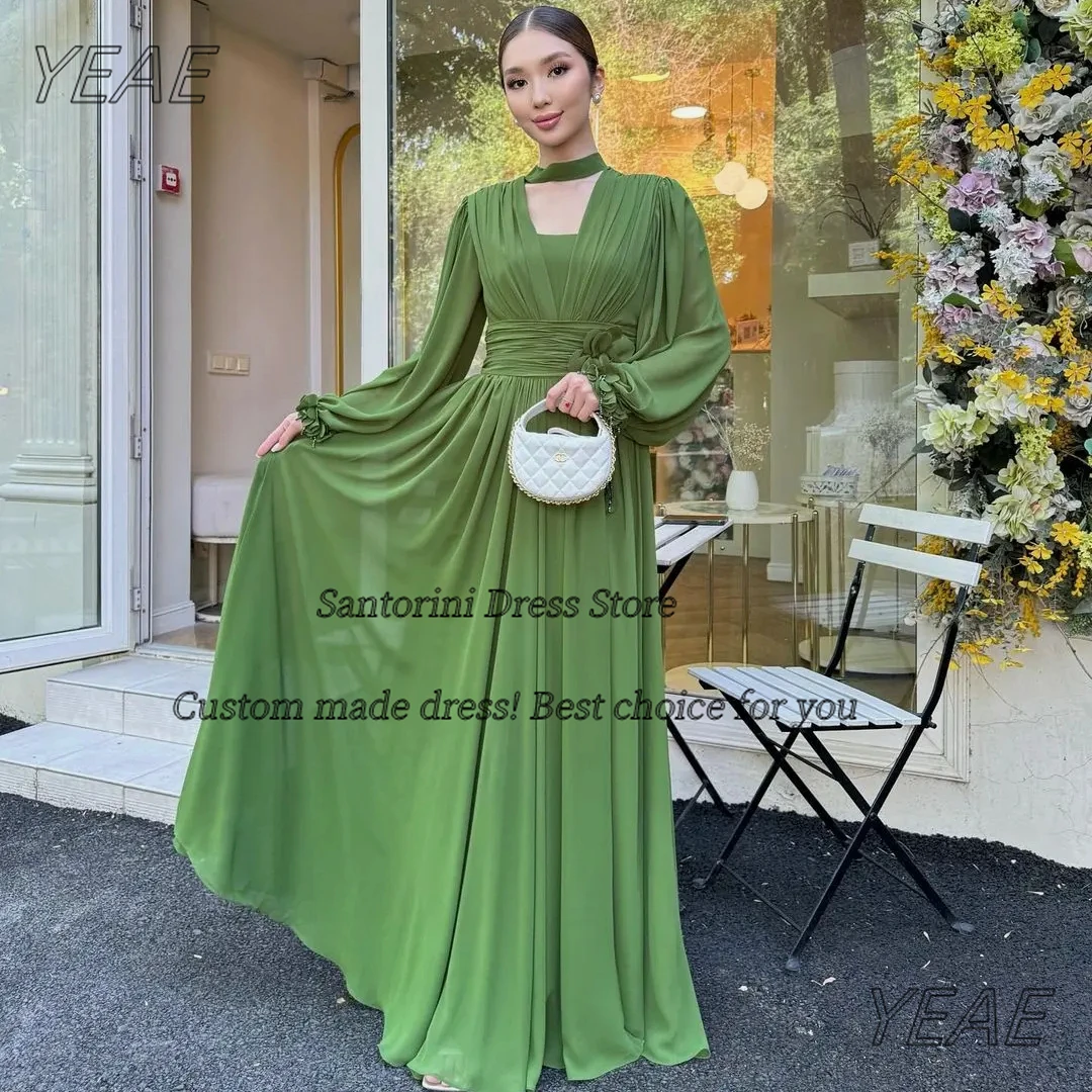 

Santorini Chiffon Evening Dresses Long Sleeves Flowers Sash Prom Dress Ruched A Line Wedding Party Bespoke Formal Gowns