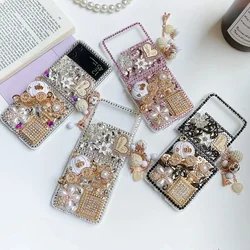 Bling Glitter Diamond Bear Flower Case for Samsung Galaxy Z Flip 3, Zflip4, Fold 6, Zfold4, 5G, Luxury Rhinestone, Pumpkin Car