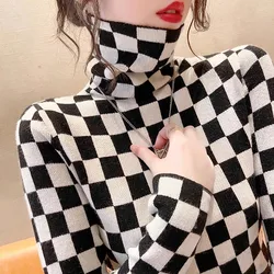 Women's New High Neck Knitted Sweater Lady Autumn Winter Versatile Pile Neck Slim Fit Fashionable Black and White Checkered Tops