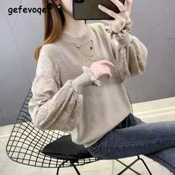 Women's Clothing Korean Sexy Lace Patchwork Knitwear Autumn Trendy Chic Chain Loose Knitted Sweater Solid Long Sleeve Pullovers