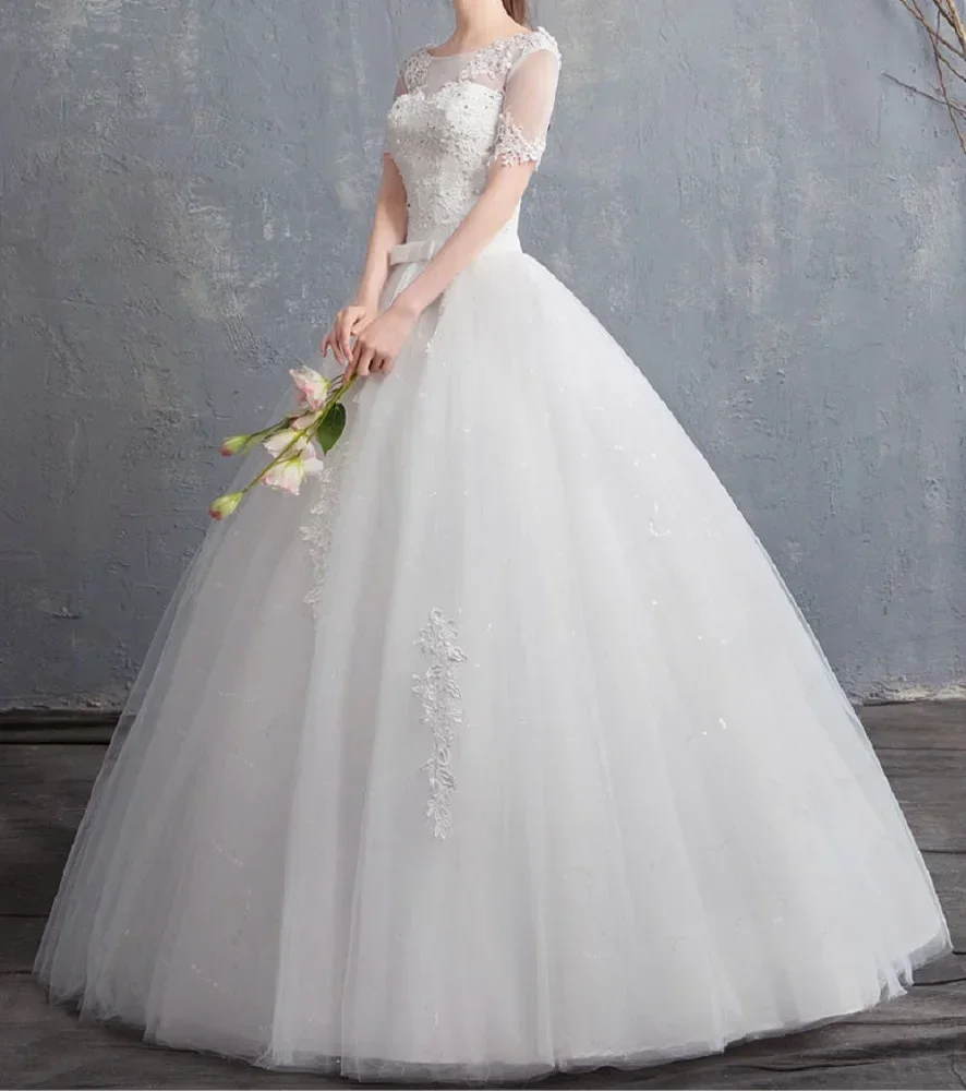 Beading Lace Wedding Dress Pure White Ball Gown half Sleeve Robe De Mariage Women Elegant O-neck  Bride Dress