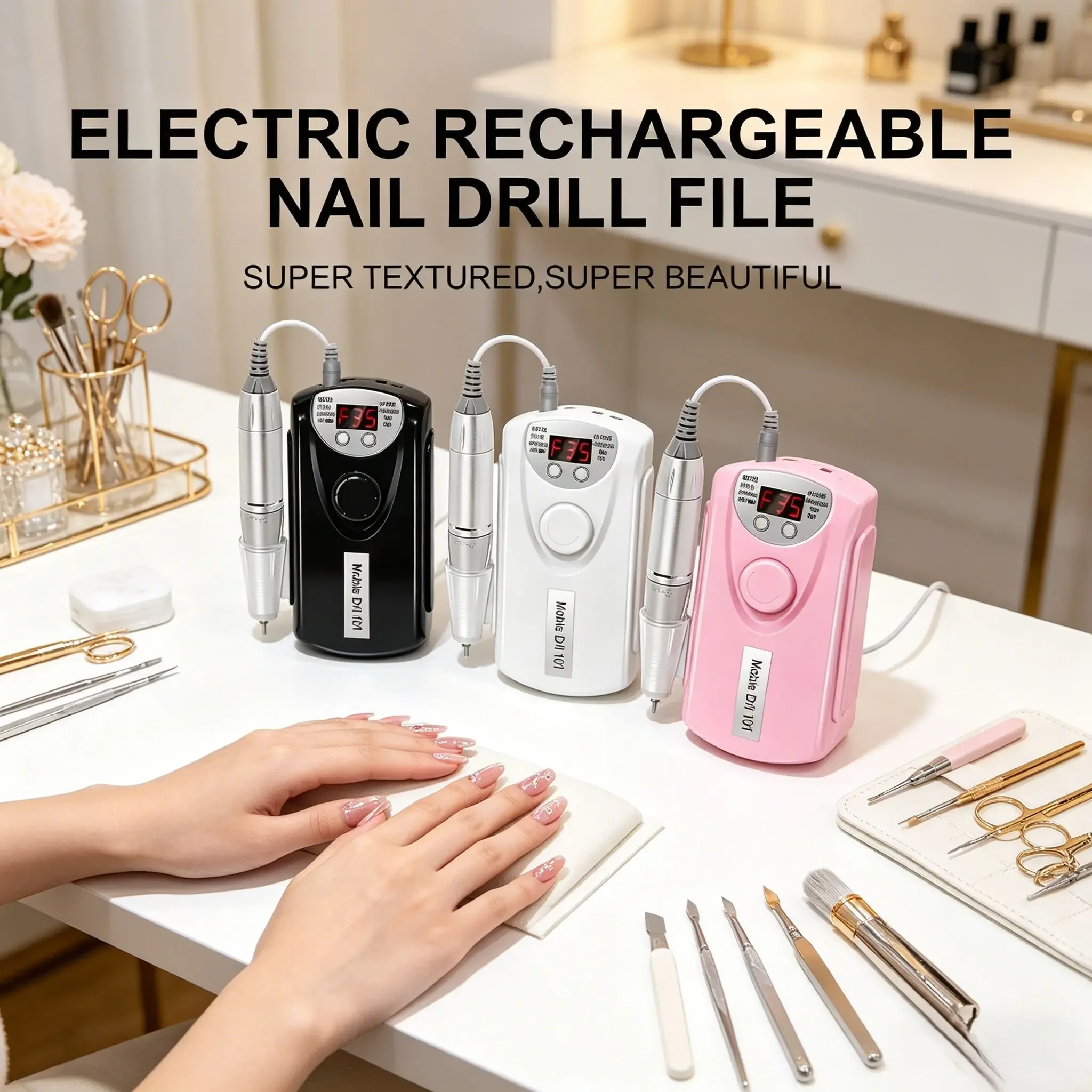 

35000RPM Rechargeable Nail Drill Machine, Low Noise Professional Electric Nail File Sander Motor for Manicure Polishing