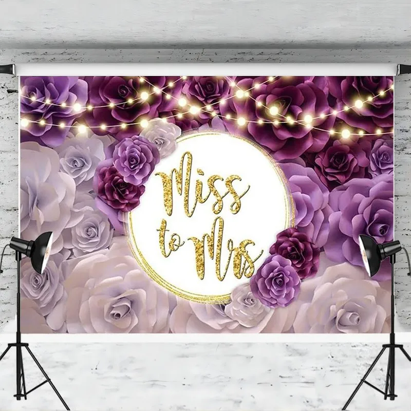 Miss to Mrs Bridal Shower Backdrop Purple Floral Flowers Wedding Bride to Be Engagement Photography Background Party Decorations