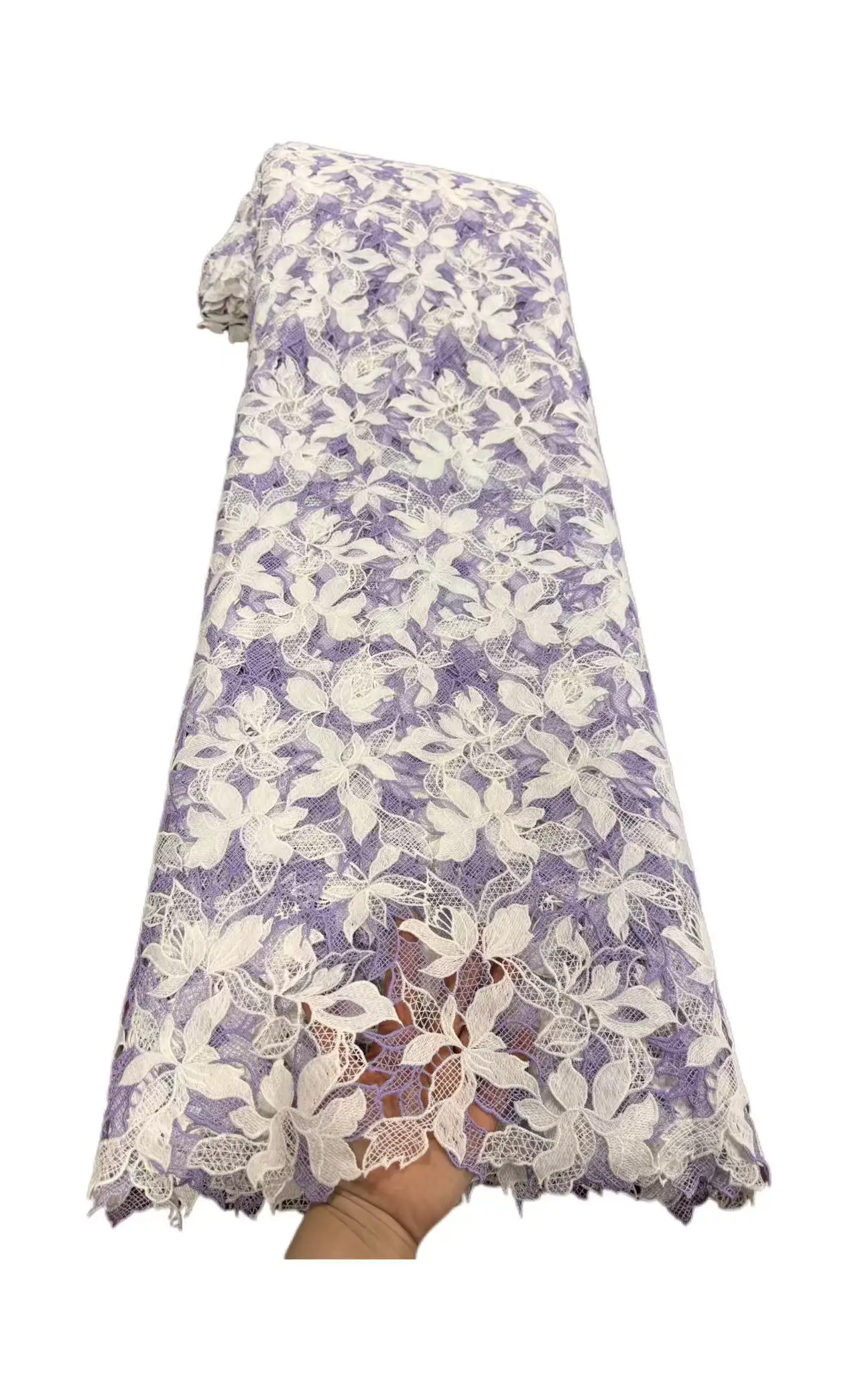 African Lace Fabric, Purple White Floral Water Soluble Guipure Lace Purple White 3D Floral Embroidery African Lace for Wedding D
