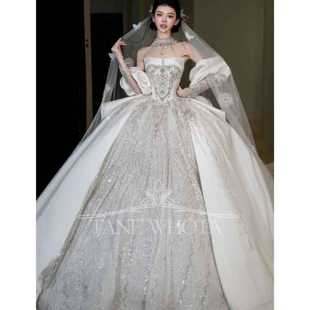 Abito da sposa bianco senza spalline con perline e paillettes per abito da sposa personalizzato sexy da sposa