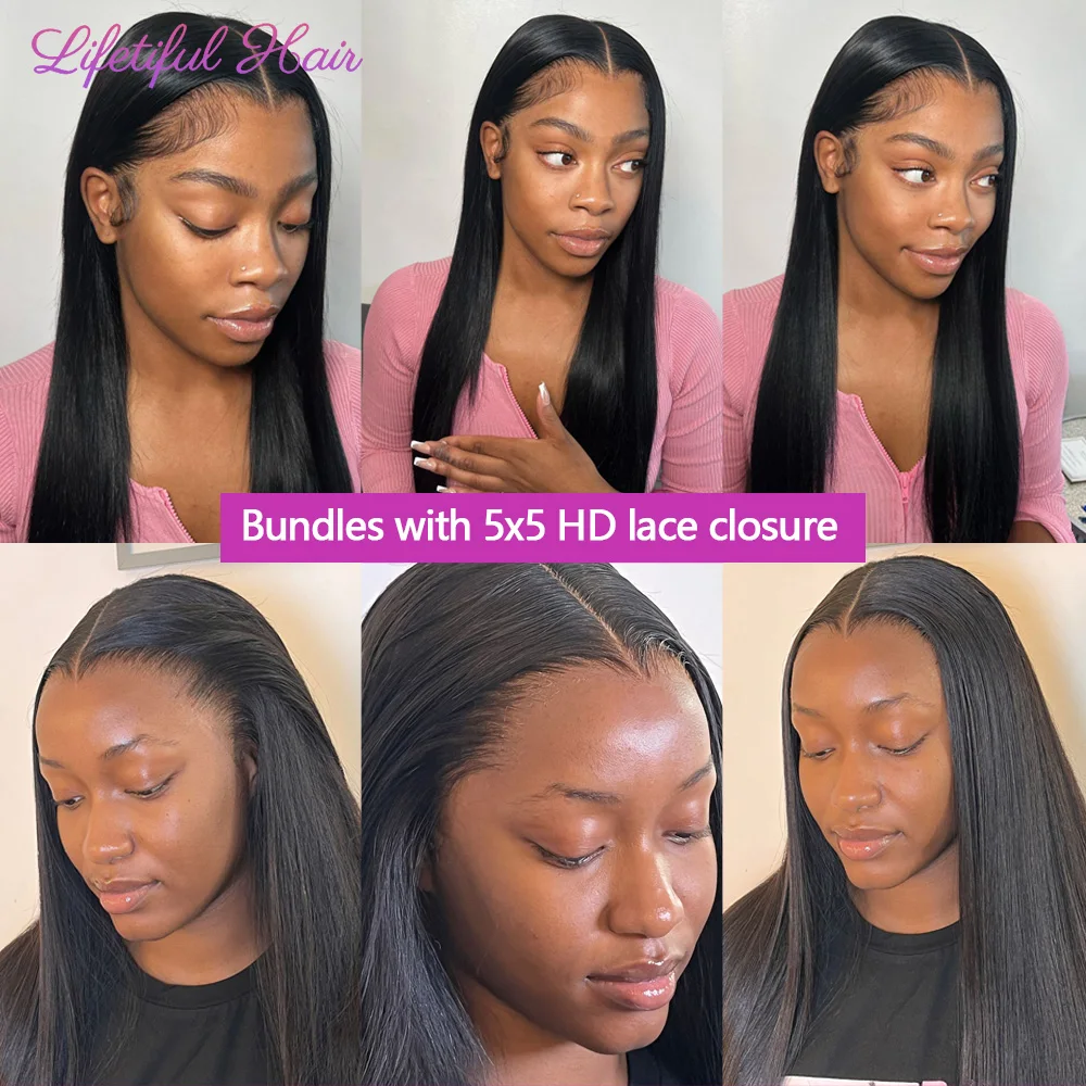 Mèches Brésiliennes Naturelles Lisses avec Closure, Extensions de Cheveux 100% Humains, 13x4, 5x5, HD