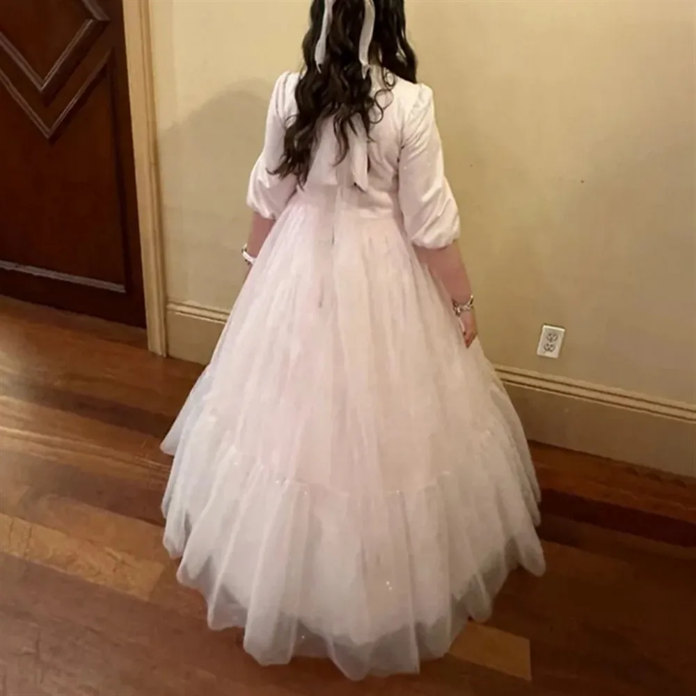 

Elegant Floor Length Classic Flower Girl Wedding Gown Half Sleeves with Bow First Communion Birthday Party Dress Customized