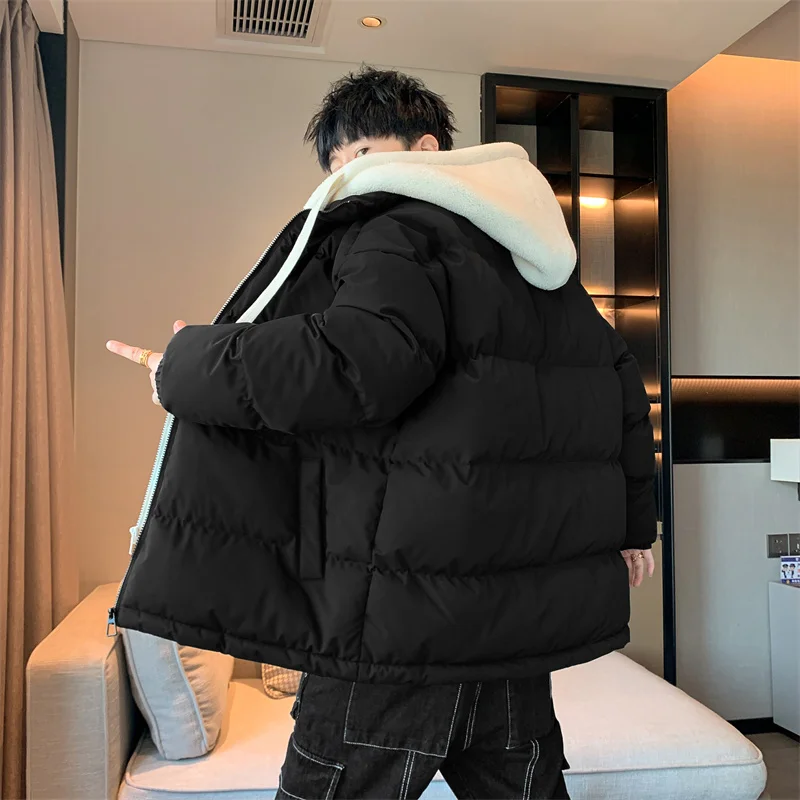 Casual Men\'s Cotton-Padded Jacket 2024 Winter Warm Parkas Outwear Solid Lamb Plush Hooded Down Coat Windproof Thick Top Clothing