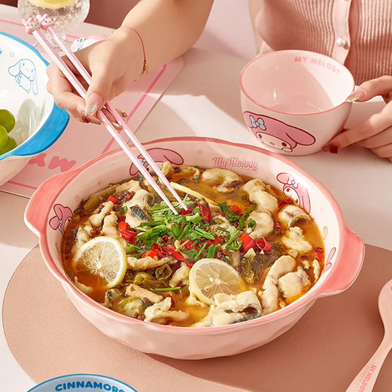 Sanrio Double Ear Soup Bowl Household Large Bowl High-End Ceramic  Melody Cinnamoroll Imation Derivatives Peripheral Products