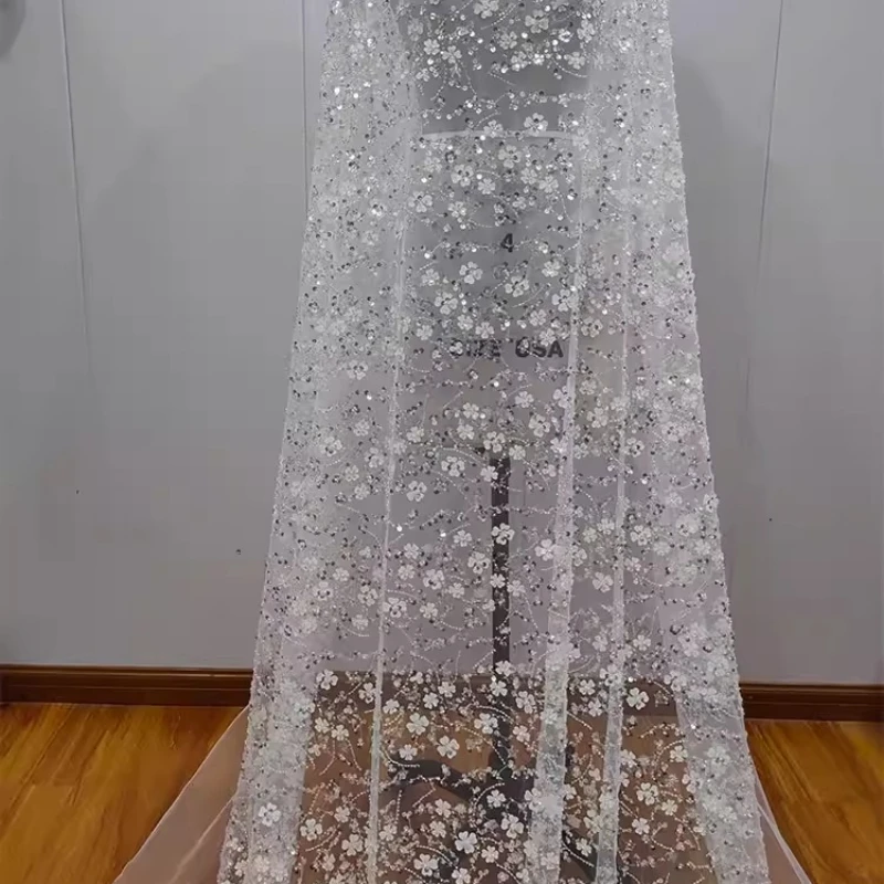 白いスパンコール刺繍レースメッシュ生地-diy縫製ウェディングドレス衣類アクセサリー衣料品ファッション素材布