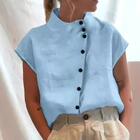 Summer Cotton Short Sleeve Blouse Women 2025 Fashion Button Stand Collar Loose Shirts And Blouses Tops Casual 4