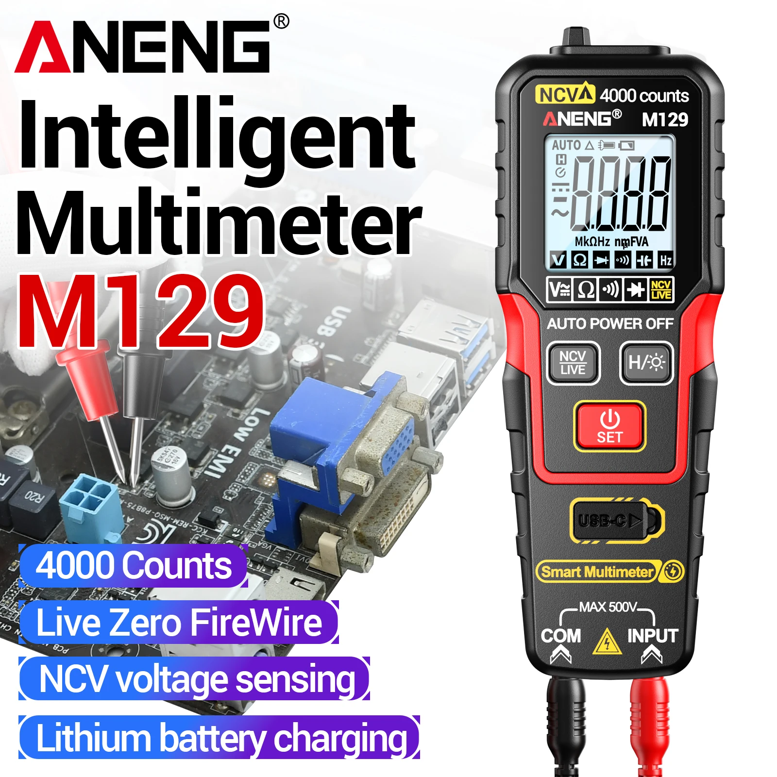 ANENG M129 Rechargeable Multimeter 4000 Counts 500V AC/DC NCV Tester with Flashlight Backlight for Electrical Repair and DIY