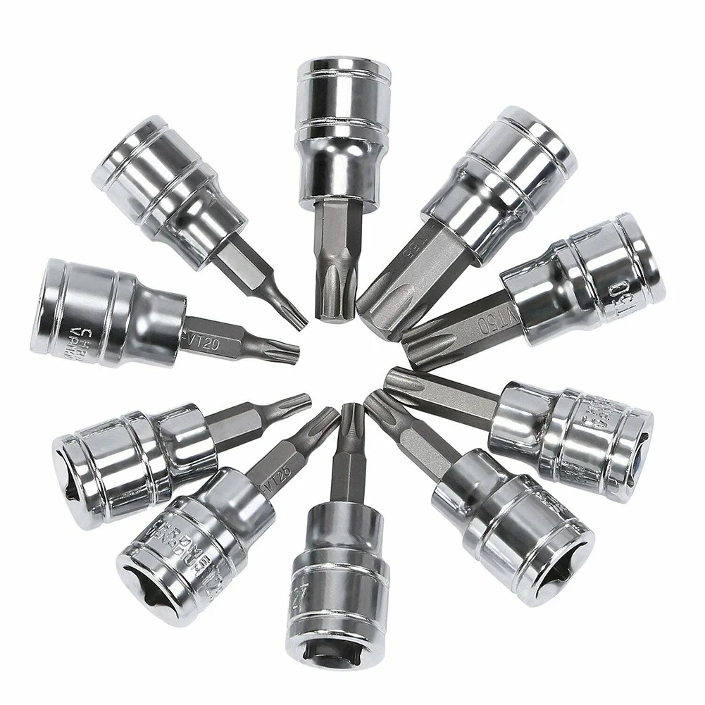 10PCS Bit Socket T10- T55 for torx Star Bit Socket Set 3 8 Drive For any 3 8 drive ratchet or extension Repair tool view 6