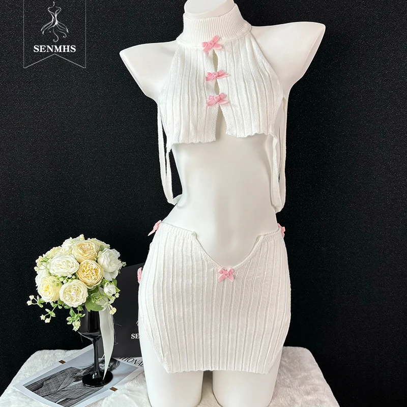 

SENMHS White Turtleneck Sweater Open Chest Backless Bandage Sexy Underwear Uniform Temptation Kawaii Lingerie Knitted Pulloversr