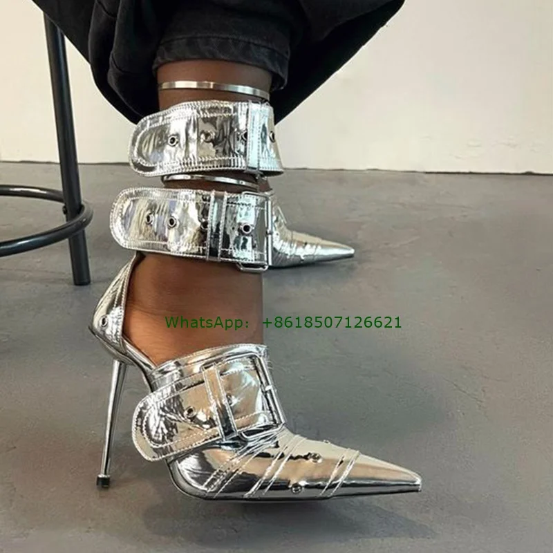 

Pointed Toe Metal Heel Ankle Buckle High Heels Women'S New Super High Heel Personality Pumps