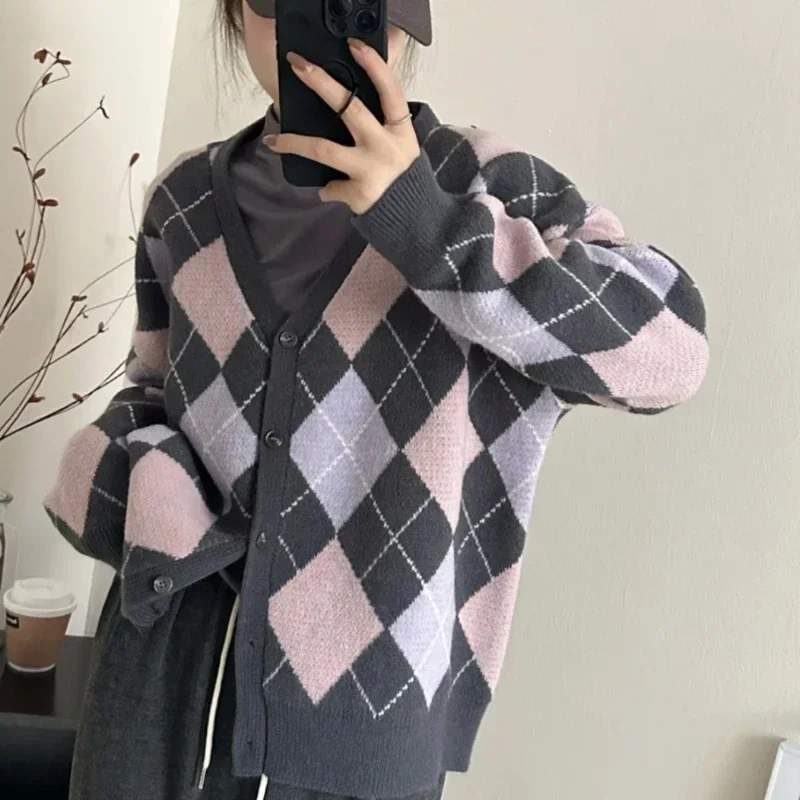 Ladies Sweaters Plaid Knitted Top for Women Winter Button Cardigan Red Modern Y2k Vintage New Knitwear 2024 in Korean Style 90s