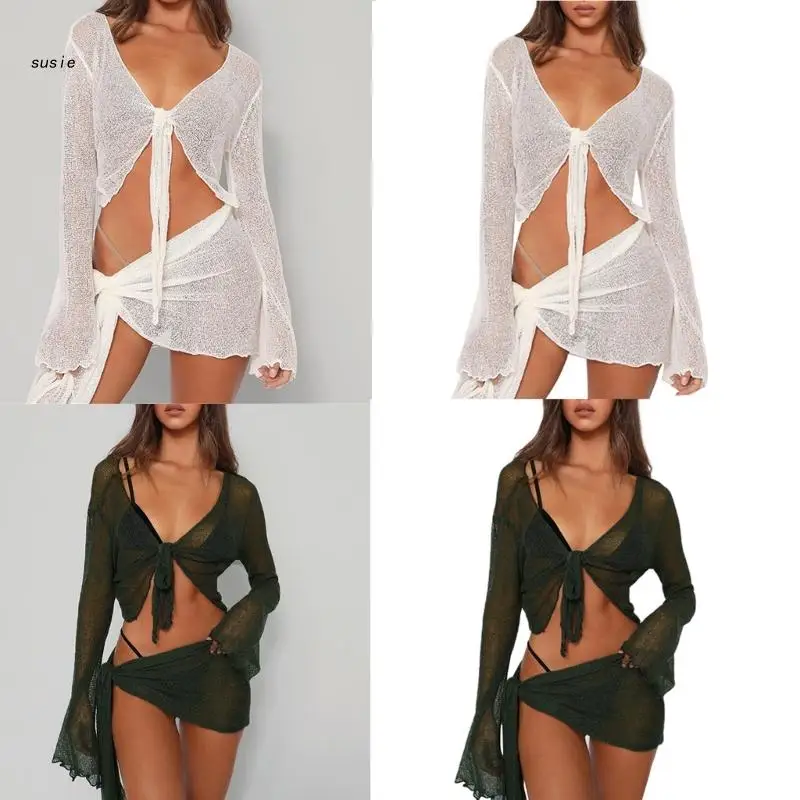 Womens 2 Piece Cover Up See Through Swimsuit Sheer Mesh Tie Knot Long Sleeve Crop Top and Mini Wrap Skirt Sarong Outfit