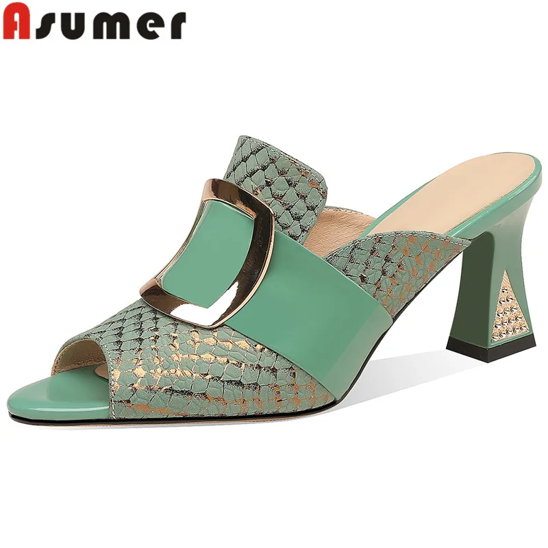 ASUMER 2022 New Peep Toe Genuine Leather Women Slippers Thick Med Heels Slippers Fashion Ladies Summer Dress Shoes