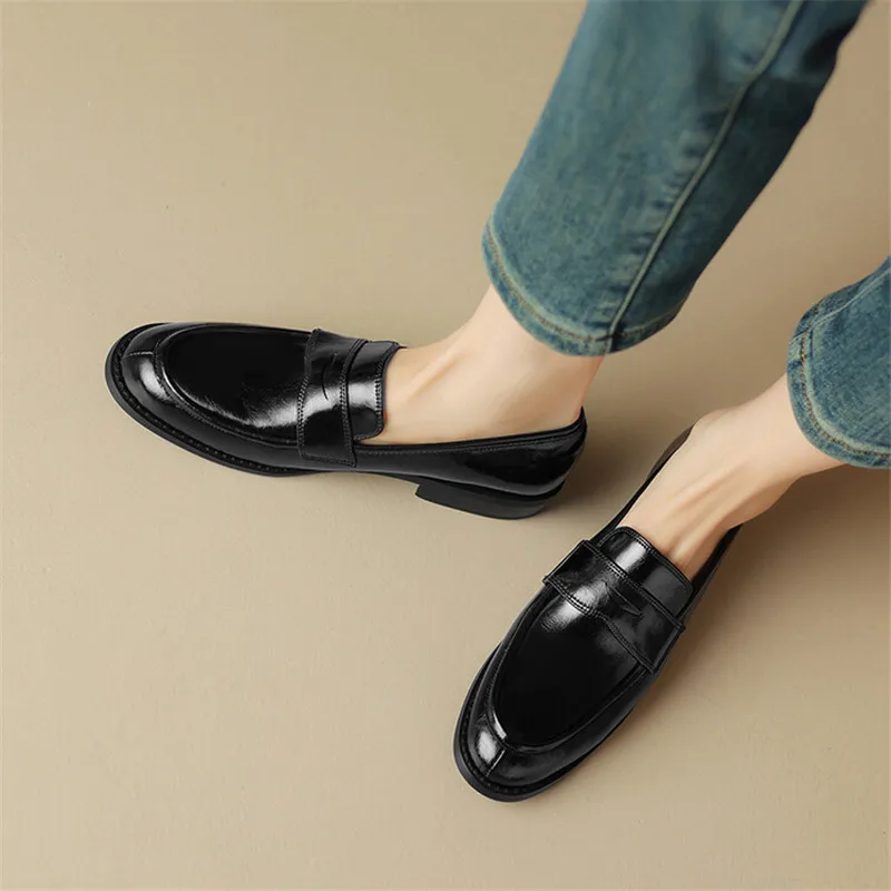 New Spring Split Leather Loafers Woman Shoes Chunky Heel Round Toe Shoes for Women Ladies Shoes Casual Low Heel Women Pumps