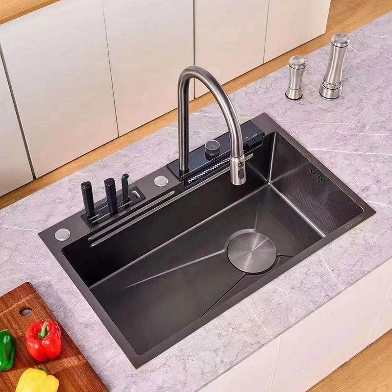 Wash Basin Double Bowl Stainless Steel Handmade Kitchen Undermount Sink With Waterfall Faucet digital display