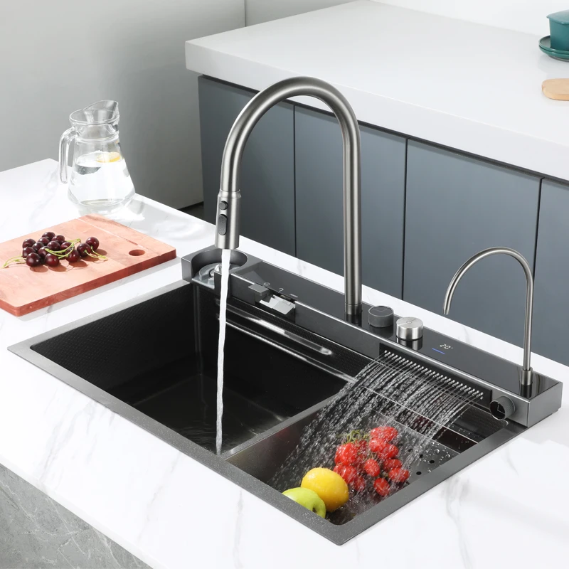 

Hot sale stainless steel single bowl kitchen sink with intelligent digital display waterfall faucet and cup washer one piece