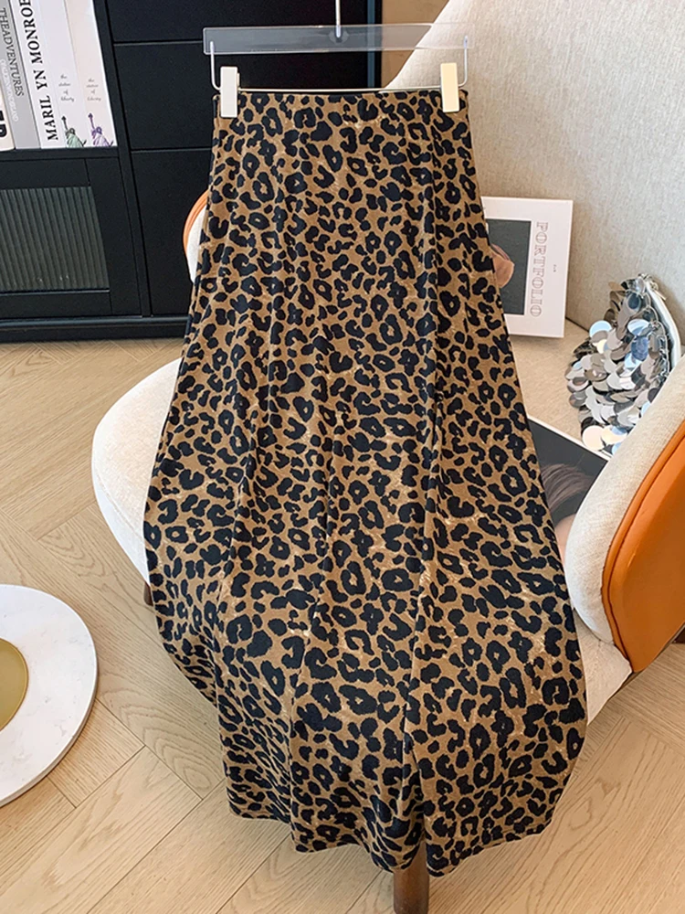 

Casual Elastic Waist Leopard Print Elastic Female Half Length Skirt High Street Fashion Women Oversized A-Line Half Length Skirt