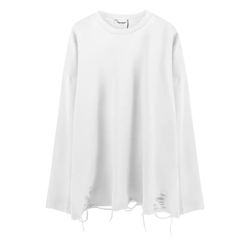 Hip Hop Streetwear Spring Autumn T Shirt Men Oversized T Shirt Bottoming Shirt With Hole Pure Cotton Breathable Long Sleeve Tees