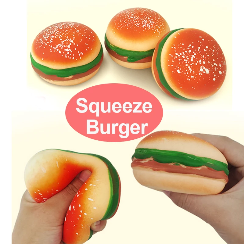 2 buah mainan Anti stres simulasi Burger Remas Fidget mainan Tpr Squishy lucu penghilang stres untuk anak-anak dewasa hadiah Prop J175