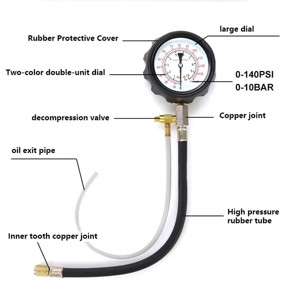 TU-114 Fuel Pressure Gauge Kit 0-140PSI Fuel Injector Injection Pump Pressure Tester Gauge Gas Oil Pressure Tool Gasoline Tester