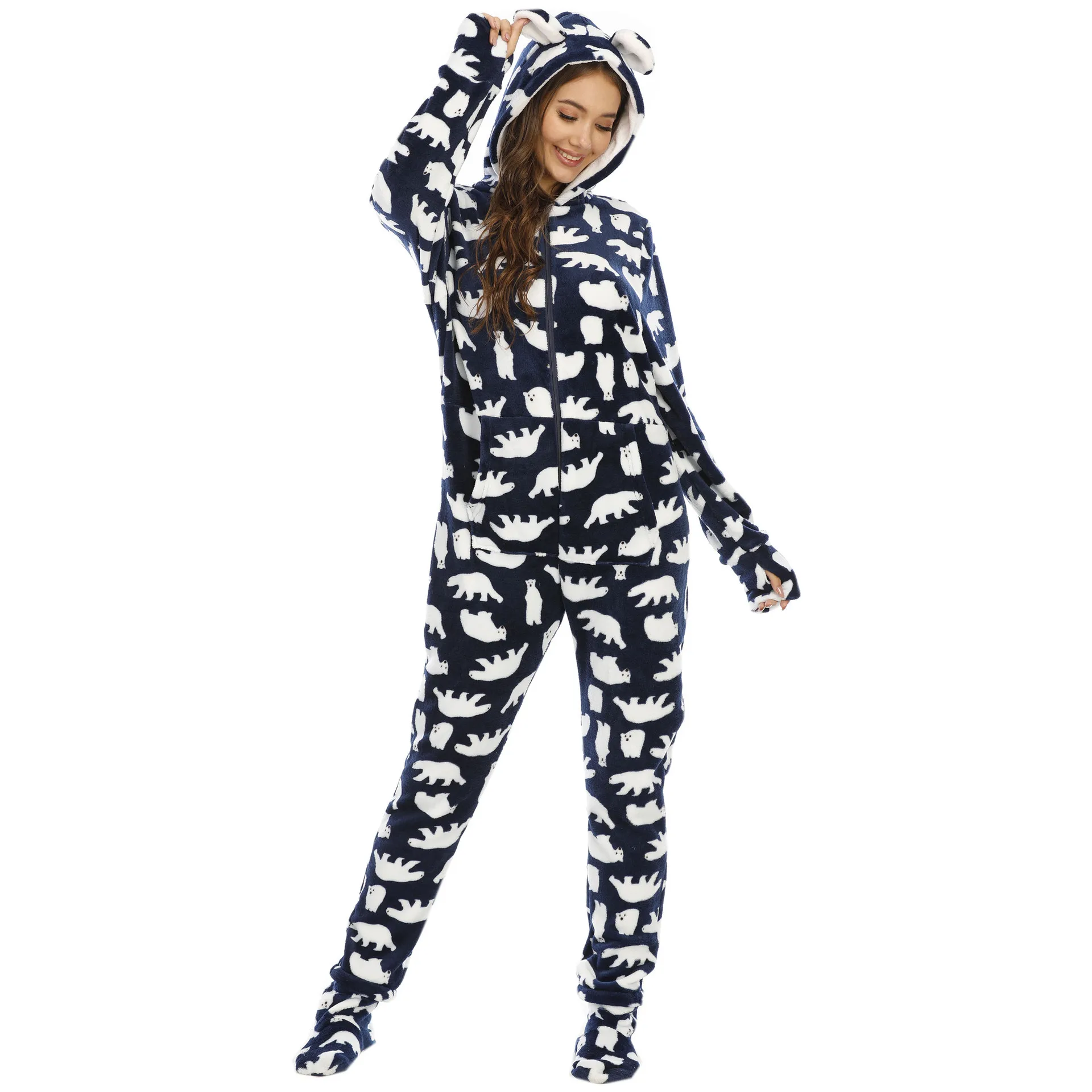 2024 Sleepwear pijama unicornio Womens Fashion Printing Hooded Flannel Long Sleeve Onesies for Adults Kigurumi